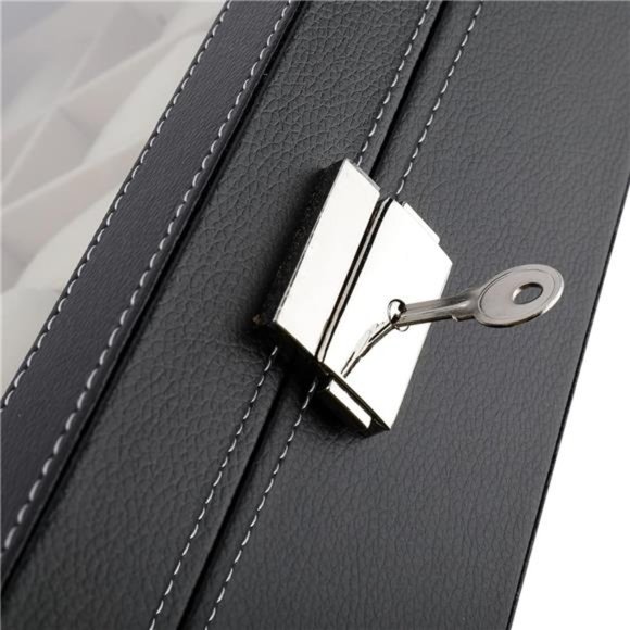 24 Slots Watch Display Case Glass Top, PU Leather Jewelry Case, Removable Pillow - Picture 5 of 6